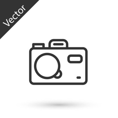 Gri çizgi fotoğraf makinesi simgesi beyaz arkaplanda izole edildi. Foto kamera. Dijital fotoğrafçılık. Vektör
