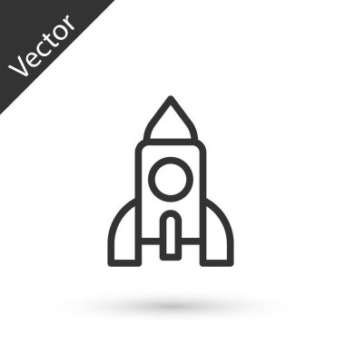 Gri çizgi roket oyuncak ikonu beyaz arka planda izole edildi. Uzay yolculuğu. Vektör