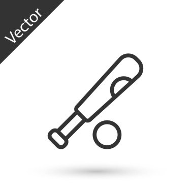 Beyazların arka planında top ikonu olan gri çizgi beyzbol sopası. Vektör