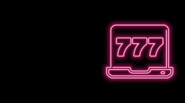 Parlak neon hattı dizüstü bilgisayar ve slot makinesi. Siyah arka planda izole edilmiş şanslı yedili ikramiye ikonu. İnternetteki kumarhane. 4K Video hareketli grafik canlandırması