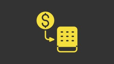 Sarı Kumarhane fişleri, gri arka planda izole edilmiş dolar desteleri üzerinde değiş tokuş yapıyor. 4K Video hareketli grafik canlandırması