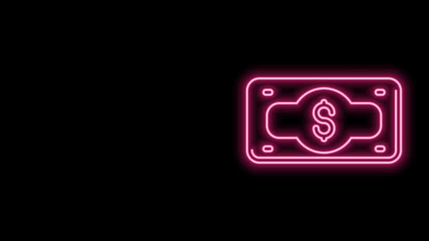 Glowing neon line Stacks paper money cash icon isolated on black background. Money banknotes stacks. Bill currency. 4K Video motion graphic animation — Stock Video