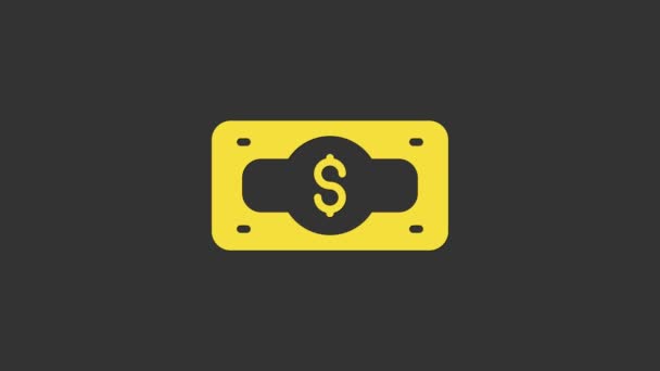 Yellow Stacks paper money cash icon isolated on grey background. Money banknotes stacks. Bill currency. 4K Video motion graphic animation — Stock Video