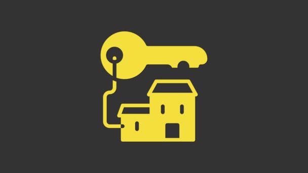Gul vinnande hus med nyckel ikon isolerad på grå bakgrund. 4K Video motion grafisk animation — Stockvideo