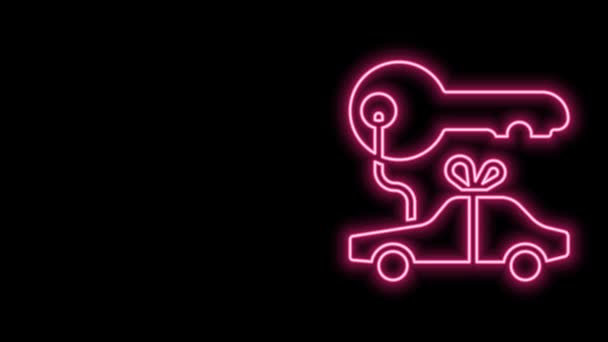 Leuchtende Neon-Linie Auto Geschenk-Symbol isoliert auf schwarzem Hintergrund. Schlüsselgewinn Auto. 4K Video Motion Grafik Animation — Stockvideo