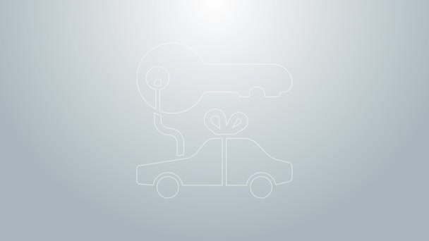 Línea azul Icono de regalo de coche aislado sobre fondo gris. Premio de la llave del coche. Animación gráfica de vídeo 4K — Vídeos de Stock