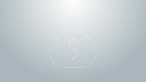 Línea azul Icono de bolsa de dinero aislado sobre fondo gris. Dólar o símbolo USD. Signo de moneda bancaria en efectivo. Animación gráfica de vídeo 4K — Vídeo de stock