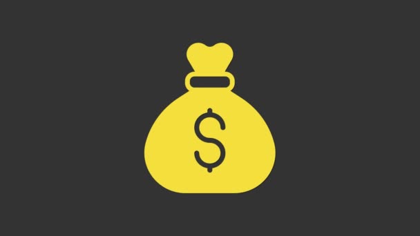 Icono de bolsa de dinero amarillo aislado sobre fondo gris. Dólar o símbolo USD. Signo de moneda bancaria en efectivo. Animación gráfica de vídeo 4K — Vídeo de stock