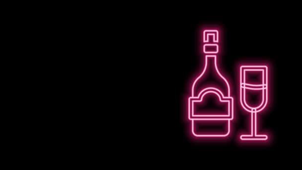 Glödande neon line Champagne flaska med glas ikon isolerad på svart bakgrund. 4K Video motion grafisk animation — Stockvideo