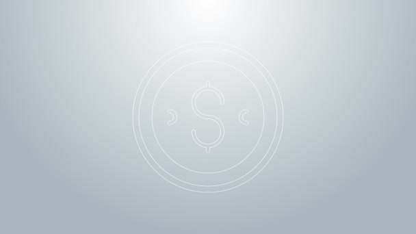 Linea blu Moneta con icona simbolo dollaro isolato su sfondo grigio. Bancario segno di valuta. Simbolo contanti. Animazione grafica 4K Video motion — Video Stock