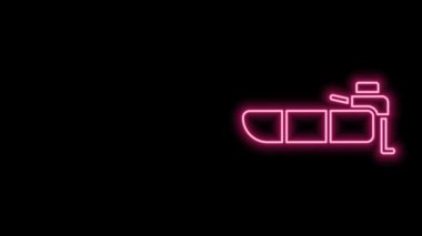 Parlak neon hattı şişirilebilir tekne dış motor ikonu siyah arkaplanda izole edilmiş. 4K Video hareketli grafik canlandırması