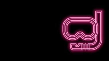 Parlayan neon hattı dalgıç maskesi ve şnorkel simgesi siyah arkaplanda izole edilmiş. Olağanüstü bir spor. Su altı ekipmanları. 4K Video hareketli grafik canlandırması