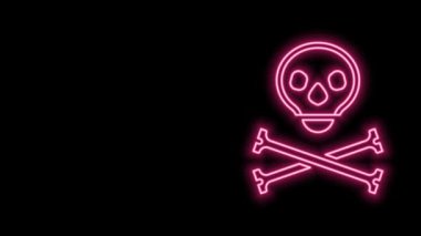 Çapraz kemiklerdeki parlak neon hattı Skull siyah arka planda izole edildi. Mutlu Cadılar Bayramı Partisi. 4K Video hareketli grafik canlandırması