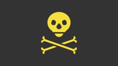 Sarı Kafatası, gri arka planda izole edilmiş çapraz kemik simgesi. Mutlu Cadılar Bayramı Partisi. 4K Video hareketli grafik canlandırması