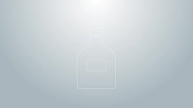 Mavi çizgili alkol, gri arka planda izole edilmiş rom şişesi ikonu. 4K Video hareketli grafik canlandırması