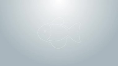 Mavi çizgi Balık simgesi gri arkaplanda izole edildi. 4K Video hareketli grafik canlandırması
