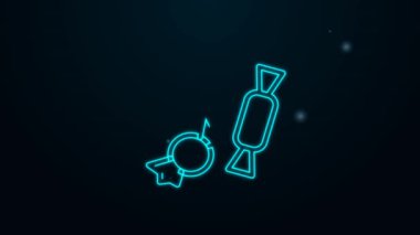 Parlayan neon hattı Candy simgesi siyah arkaplanda izole edildi. Mutlu Cadılar Bayramı Partisi. 4K Video hareketli grafik canlandırması