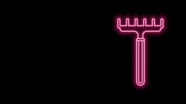 Parlayan neon çizgisi tırmık simgesi siyah arkaplanda izole edildi. Bahçecilik, tarım, çiftçilik aleti. Toprak işçisi. Temizlik ekipmanları. 4K Video hareketli grafik canlandırması