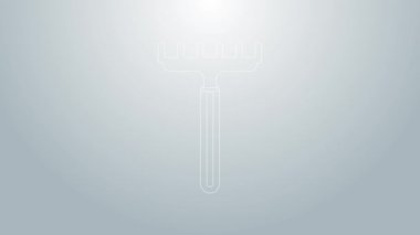 Mavi çizgi bahçe tırmık simgesi gri arkaplanda izole edildi. Bahçecilik, tarım, çiftçilik aleti. Toprak işçisi. Temizlik ekipmanları. 4K Video hareketli grafik canlandırması