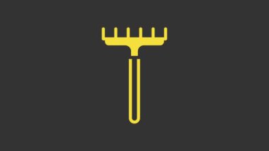 Sarı Bahçe tırmık simgesi gri arkaplanda izole edildi. Bahçecilik, tarım, çiftçilik aleti. Toprak işçisi. Temizlik ekipmanları. 4K Video hareketli grafik canlandırması