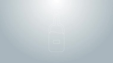 Mavi çizgili şarap şişesi gri arka planda izole edilmiş. 4K Video hareketli grafik canlandırması