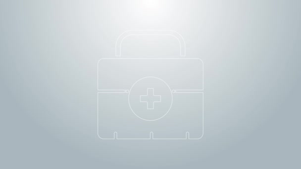 Blauwe lijn EHBO kit icoon geïsoleerd op grijze achtergrond. Medische doos met kruis. Medische apparatuur voor noodgevallen. Gezondheidszorg concept. 4K Video motion grafische animatie — Stockvideo