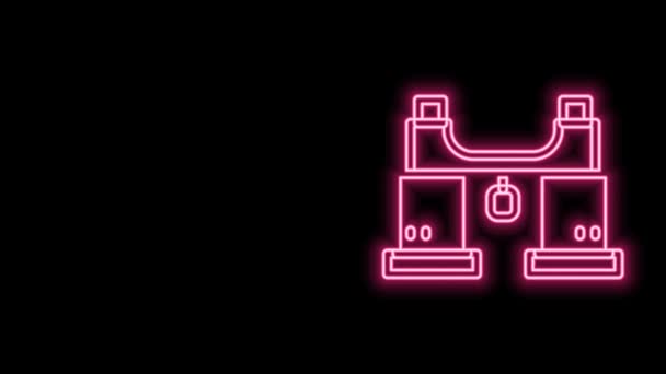 Ragyogó neon vonal Távcső ikon elszigetelt fekete háttérrel. Keresd meg a szoftvert. Kémfelszerelés szimbólum. 4K Videó mozgás grafikus animáció — Stock videók