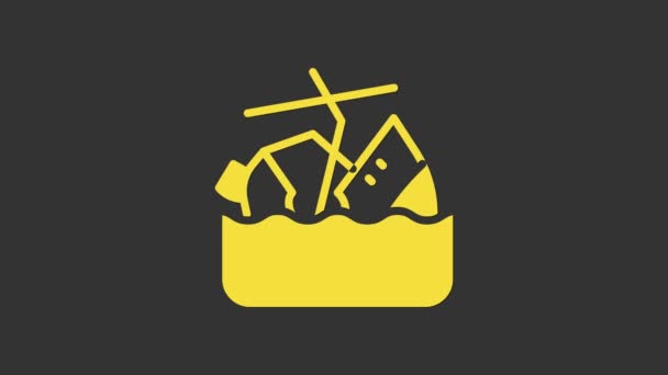 Yellow Sinking cruise ship icon isolated on grey background. Travel tourism nautical transport. Voyage passenger ship, cruise liner. 4K Video motion graphic animation — Stock Video