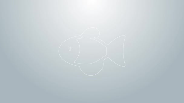青い線灰色の背景に隔離された魚のアイコン。4Kビデオモーショングラフィックアニメーション — ストック動画