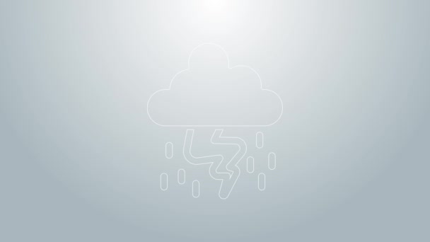 Icono Tormenta de línea azul aislado sobre fondo gris. Nube y relámpago. Icono del tiempo de tormenta. Animación gráfica de vídeo 4K — Vídeo de stock