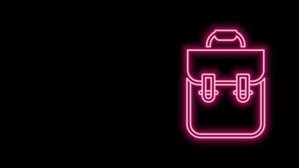 Leuchtendes neonfarbenes Schulrucksack-Symbol isoliert auf schwarzem Hintergrund. 4K Video Motion Grafik Animation — Stockvideo