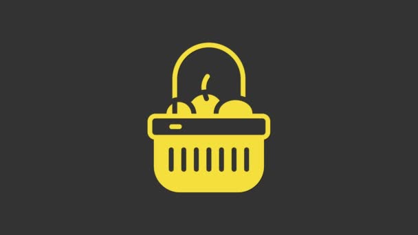 Yellow Shopping basket and food icon isolated on grey background. Food store, supermarket. 4K Video motion graphic animation — Stock Video