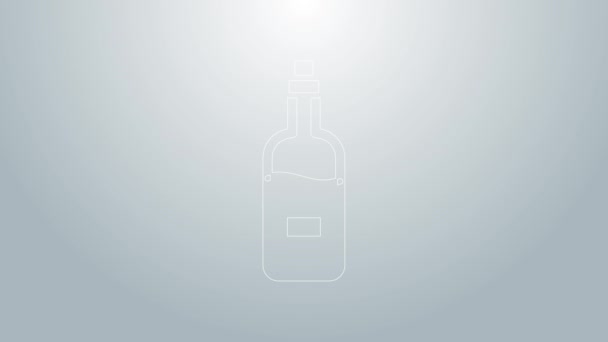 Línea azul Icono de botella de vino aislado sobre fondo gris. Animación gráfica de vídeo 4K — Vídeo de stock