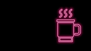 Siyah arka planda izole edilmiş parlak neon çizgili çay ikonu. 4K Video hareketli grafik canlandırması