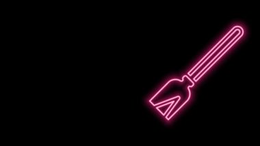 Parlayan neon hattı süpürge sapı simgesi siyah arkaplanda izole edildi. Temizlik hizmeti konsepti. 4K Video hareketli grafik canlandırması
