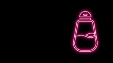 Parlayan neon hattı tuzu simgesi siyah arkaplanda izole edildi. Yemek pişirme baharatları. 4K Video hareketli grafik canlandırması