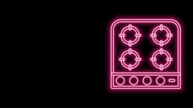 Parlayan neon hattı gaz sobası simgesi siyah arkaplanda izole edildi. Mutfak tabelaları. Dört daire ocağı olan bir hob. 4K Video hareketli grafik canlandırması