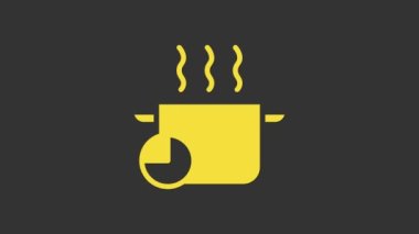 Sarı tencere ve mutfak kronometresi gri arka planda izole edilmiş. Haşlama ya da güveç besin sembolü. 4K Video hareketli grafik canlandırması