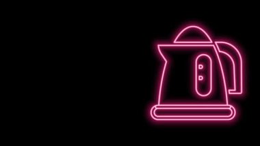 Parlayan neon hattı elektrik ısıtıcısı simgesi siyah arkaplanda izole edildi. Çaydanlık ikonu. 4K Video hareketli grafik canlandırması