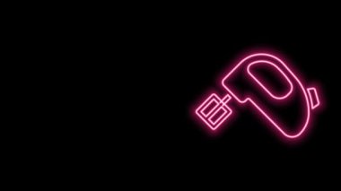 Parlayan neon hattı elektrik karıştırıcı simgesi siyah arkaplanda izole edildi. Mutfak blenderi. 4K Video hareketli grafik canlandırması