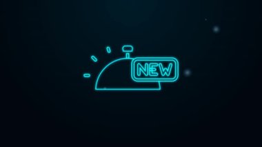 Siyah arka planda izole edilmiş bir tepsi yiyecek ikonu ile kaplı parlayan neon hattı. Tepsi ve kapak işareti. Kapaklı bir restoran saati. 4K Video hareketli grafik canlandırması