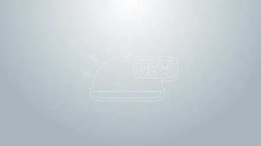 Gri arka planda izole edilmiş bir tepsi yiyecek ikonu ile kaplanmış mavi çizgi. Tepsi ve kapak işareti. Kapaklı bir restoran saati. 4K Video hareketli grafik canlandırması