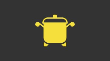 Sarı tencere simgesi gri arkaplanda izole edildi. Haşlama ya da güveç besin sembolü. 4K Video hareketli grafik canlandırması