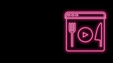 Parlayan neon hattı yemek pişirme simgesi siyah arkaplanda izole edildi. 4K Video hareketli grafik canlandırması