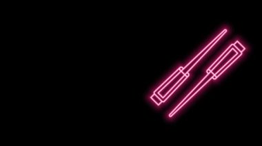 Parlayan neon hattı yemek çubukları simgesi siyah arka planda izole edilmiş. Asya yemekleri için tahta Kore çubukları. Doğulu aletler. 4K Video hareketli grafik canlandırması