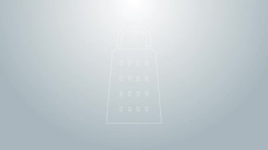 Mavi çizgi Grater simgesi gri arkaplanda izole edildi. Mutfak sembolü. Mutfak aletleri. Çatal bıçak seti. 4K Video hareketli grafik canlandırması