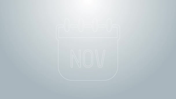 Línea azul Calendario noviembre Icono de otoño aislado sobre fondo gris. Animación gráfica de vídeo 4K — Vídeo de stock