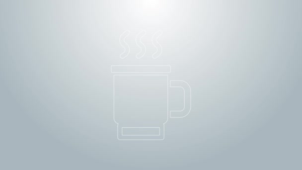 Blue line Cup of tea icon isolated on grey background. 4K Video motion graphic animation — Stock Video