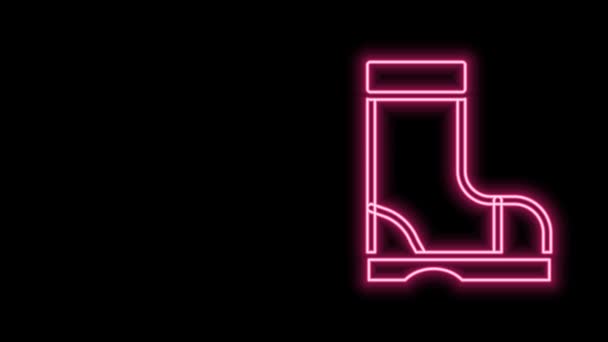 Linea neon incandescente Icona di avvio in gomma impermeabile isolata su sfondo nero. Scarpe da ginnastica per tempo piovoso, pesca, giardinaggio. Animazione grafica 4K Video motion — Video Stock