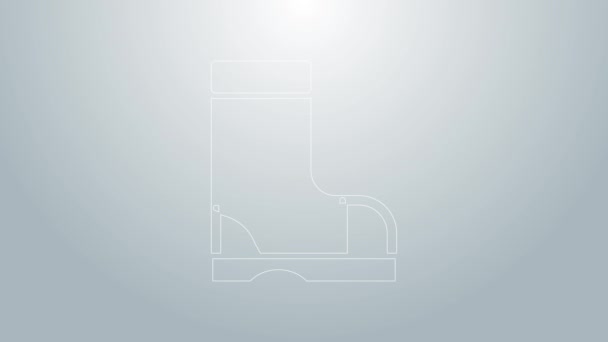 Ligne bleue Imperméable icône de bottes en caoutchouc isolé sur fond gris. Bottes en gomme pour temps pluvieux, pêche, jardinage. Animation graphique de mouvement vidéo 4K — Video
